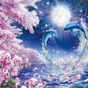 Moonlight Cherry Blossom Dolphins